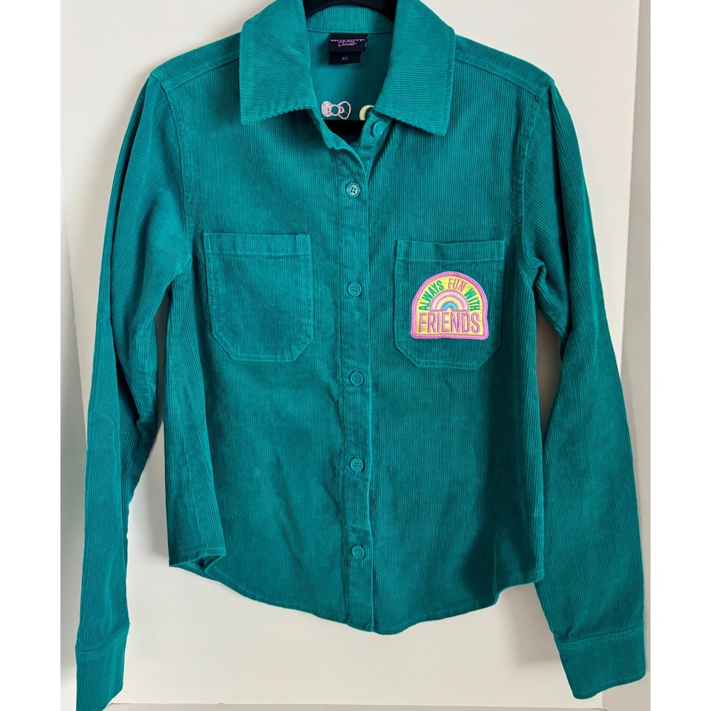 Hello Kitty & Friends Corduroy Shirt XS Green Embroidered‎ Rainbow Sanrio